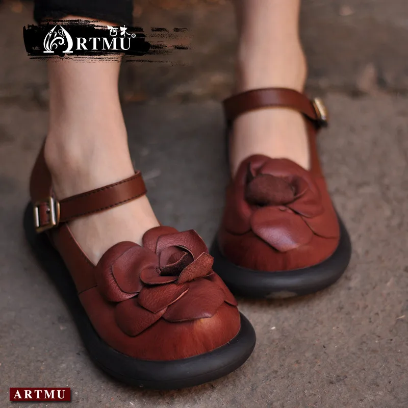 

Artmu Original New Folk Style Handmade Flower Buckle Women Shoes Genuine Leather Retro Shoes Low Heel Cowhide Shoes 7005