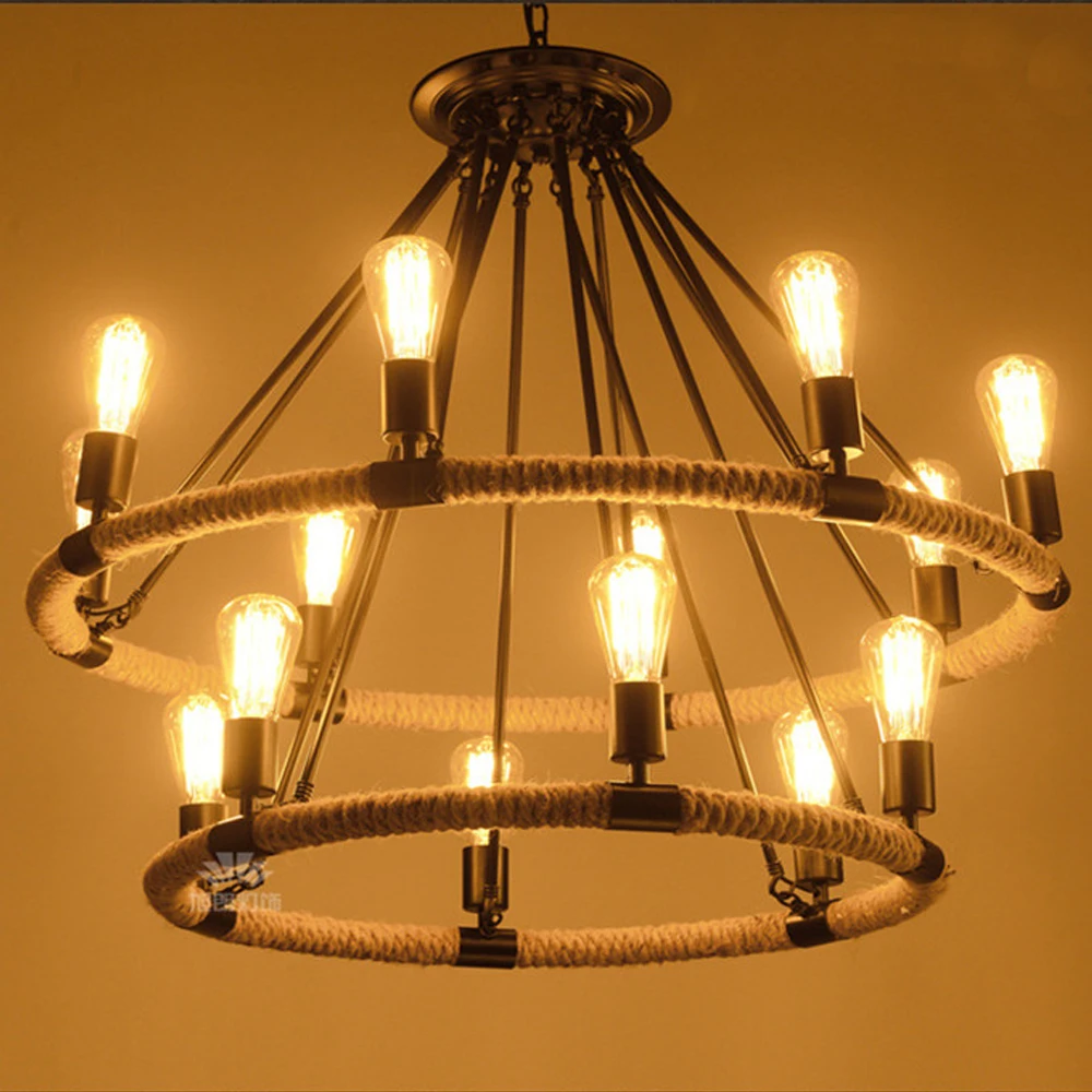 

Loft style simple American Countryside retro chandelier bar Coffee hall Tieyi Lighting Iron Chandelier Hemp Rope