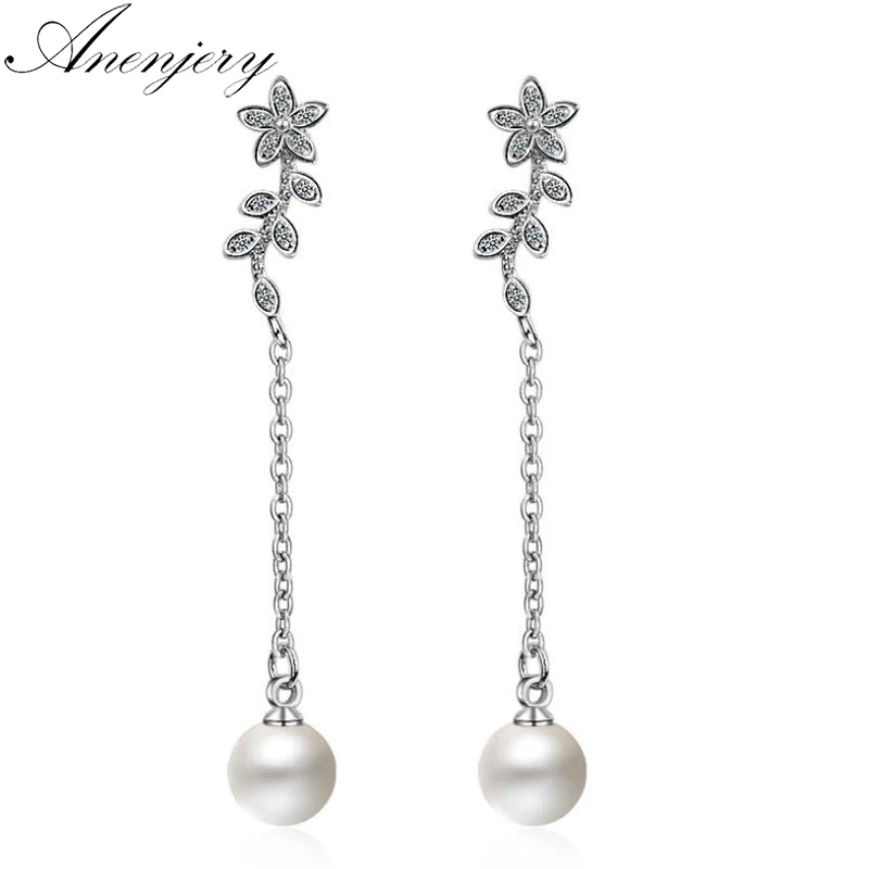 

Anenjery Sweet Fashion 925 Sterling Silver Micro Zircon Leaves Flower Simulated Pearl Long Tassel Earrings oorbellen S-E551