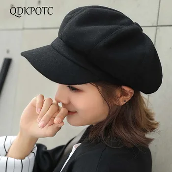 

QDKPOTC Women's Beret Hat New Arrivals Octagonal Hats for Women Fashion Vintage Boina Autumn Winter Newsboy Caps Female Casual