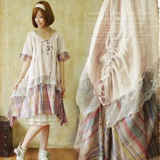 Summer Mori Girl Lace Plaid Lolita Dress Women Sweet Sashes Ruffle Peter Pan Collar knitted Vestidos AF717 | Женская одежда
