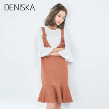 DENISKA 2018 women’s Low V-neck wool knitted dress Sleeveless Vest Dress Fashion medium-long Ruffle dress long sweater dress