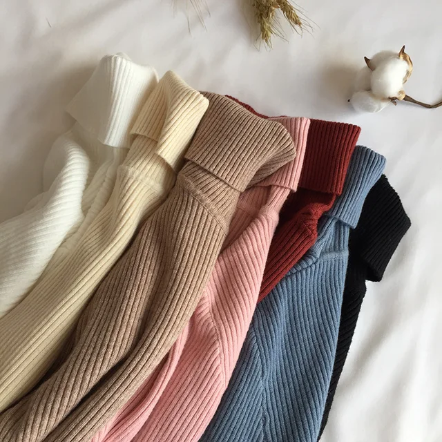 US $7.94 2020 Autumn Winter Thick Sweater Women Knitted Ribbed Pullover Sweater Long Sleeve Turtleneck Slim