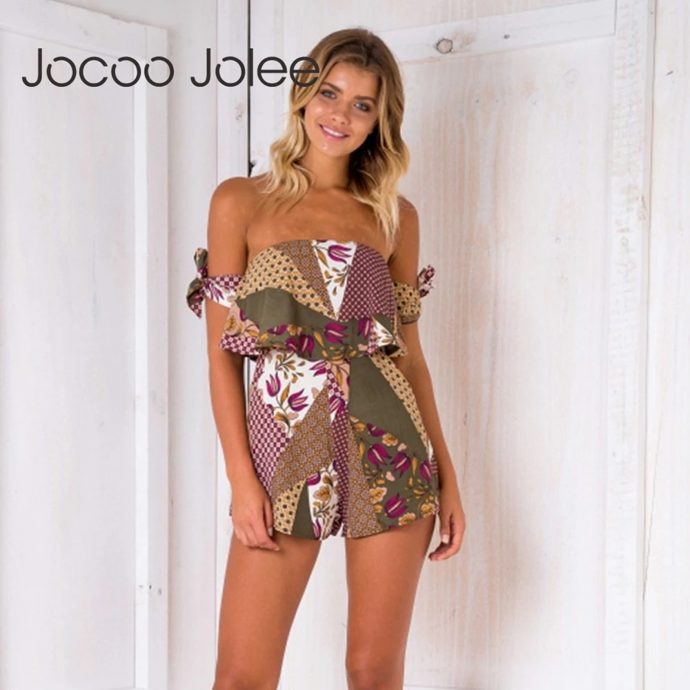 

Jocoo Jolee Sexy Off Shoulder Jumpsuit Floral Print Ruffles Bow Overalls Rompers Boho Beach Wearing Casual Playsuits 2018 Summer