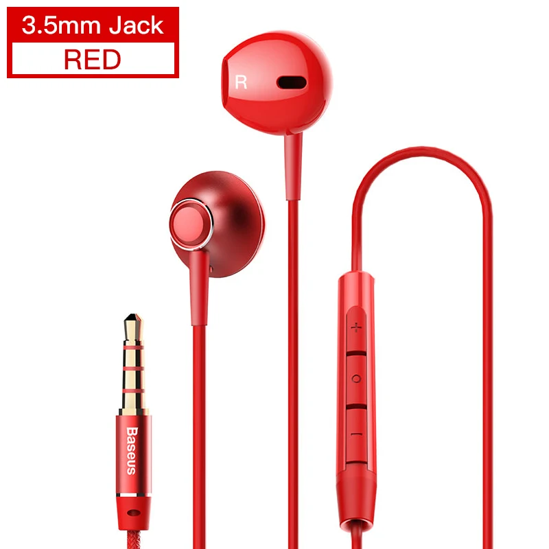 3.5mm Jack Red Baseus H06 3,5 мм проводные наушники с микрофой стерео гарнитура для iPhone 6 6s Plus type C Jack наушники для samsung S10 наушники - Цвет: 3.5mm Jack Red