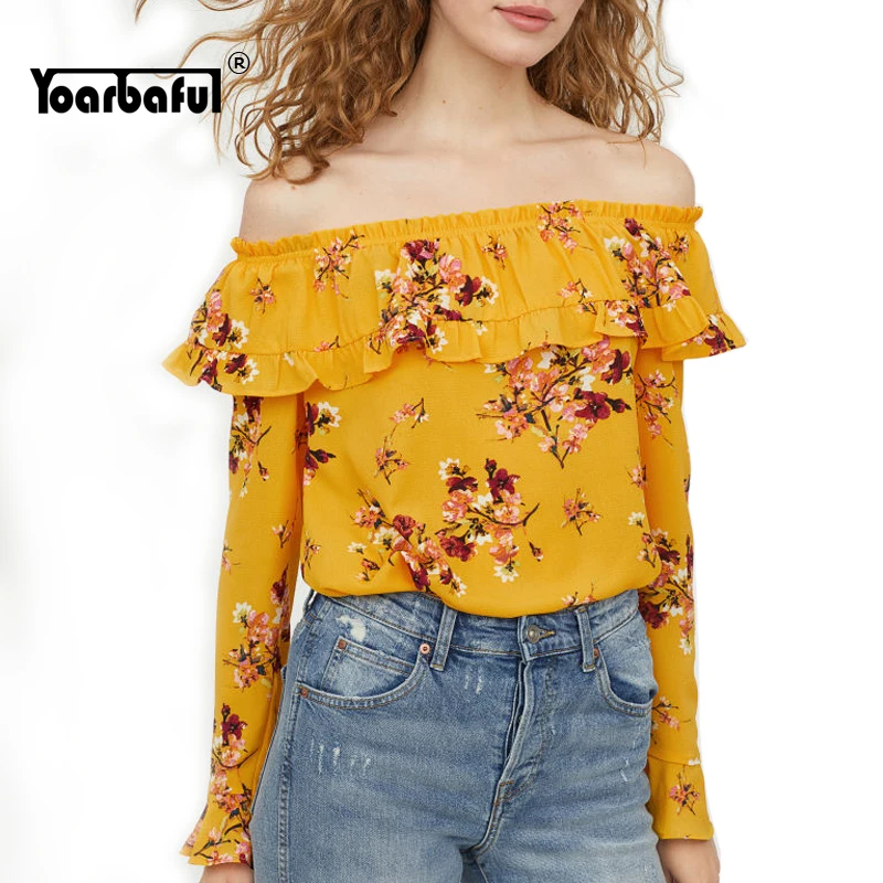 

Sexy Off Shoulder Ruffles Tops Women 2019 Summer Bell Sleeve Printing Yellow Shirts Sweet Vacation Mesh Elegant Lady Clothes