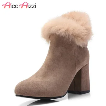 

ZALAVOR Size 34-48 Women Ankle Boots Winter Zipper Warm Fur Shoes Woman Bowknot High Heels Boots Fashion Pointed Toe Shoes