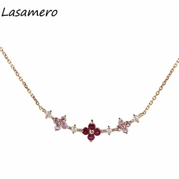 شراءLasamero جولة قص 0.21CT ارتفع الذهب خمر نمط الأزهار الطبيعية روبي الأحجار الكريمة 18 كيلو هالة لهجات قلادة قلادة سلسلة