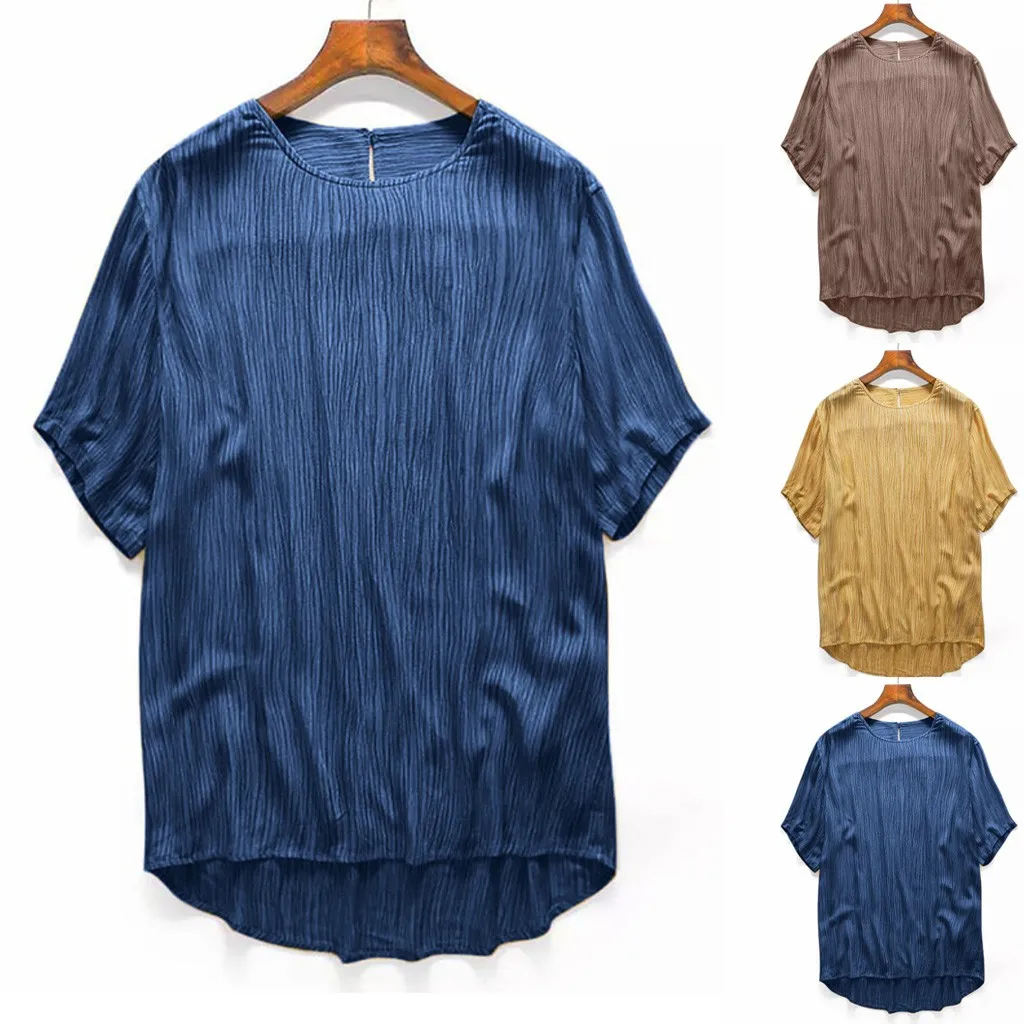 

2019 New Fashion Summer Men's Casual Linen T-shirt Solid Loose Round Collar Tops Short Sleeve Cool Tee Shirts Hauts pour hommes