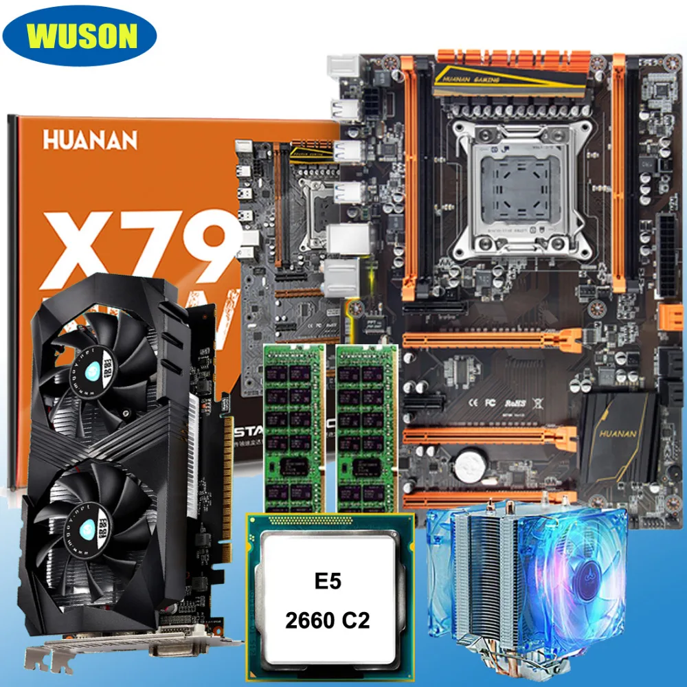 Хорошее качество HUANANZHI deluxe X79 материнская плата с M.2 слотом cpu Xeon E5 2660 с кулером ram 32G(2*16G) видеокарта GTX1050Ti 4G