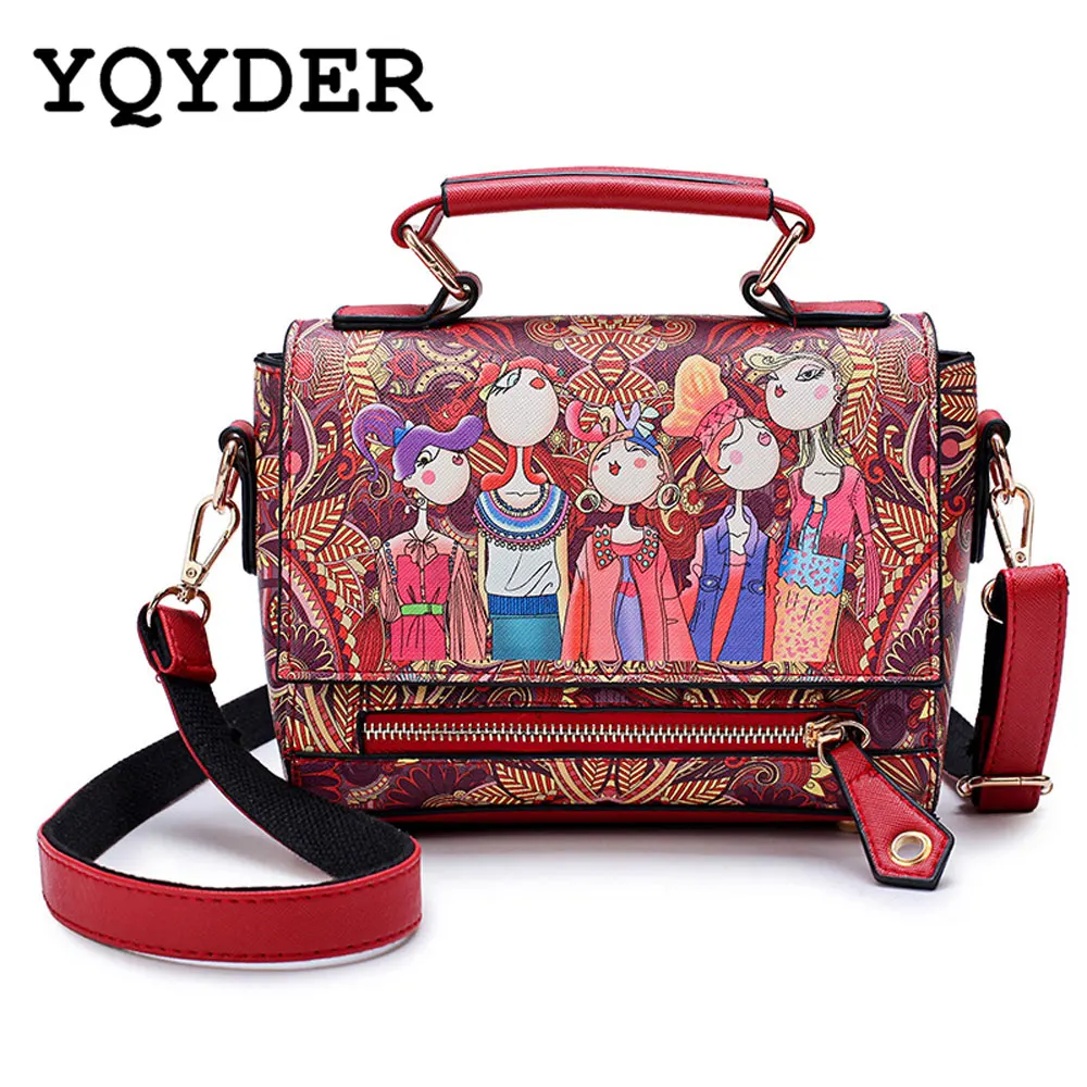 YQYDER أزياء النساء جلد حقيبة ساعي الوطني نمط زهرة طباعة حقيبة يد السيدات صغيرة Crossbody حقائب النساء حقائب كتف