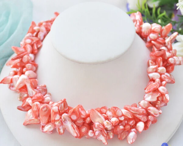 

Free Shipping ***Hot sale >>3row pink baroque Tail freshwater pearl necklace 18