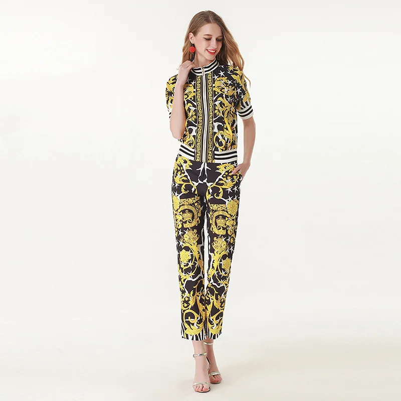 

High quality women's pantsuits spring summer brand new retro print short sleeves Baseball jackets+ninth pants 2pieces set A334
