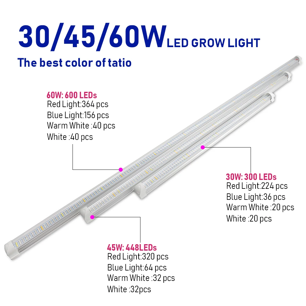 3 шт./лот 600/900/1200 мм светодиодный бар T8 светодиодный Grow светильник пробки 30 Вт 45 Вт, 60 Вт, фитолампами для растений в помещении салат цветы гидропониковая палатка для