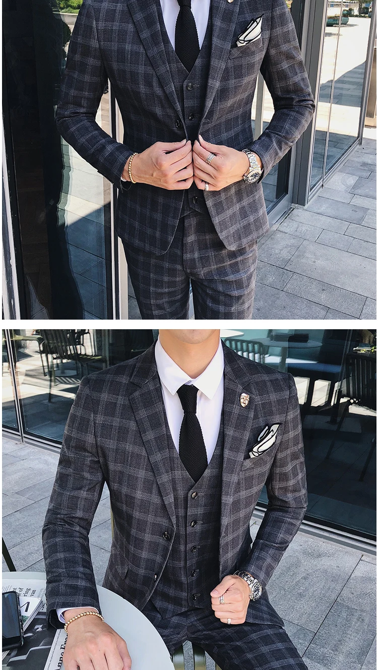 Классические мужские формальные костюмы, деловой Банкетный мужской костюм куртка + жилет + брюки размер XXXL 4XL клетчатые костюмы для мужчин