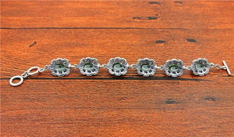 Овальный прозрачный зеленый кристалл браслет Цветочный дизайн Винтаж Посмотрите Античная Посеребренная Модные украшения TB344