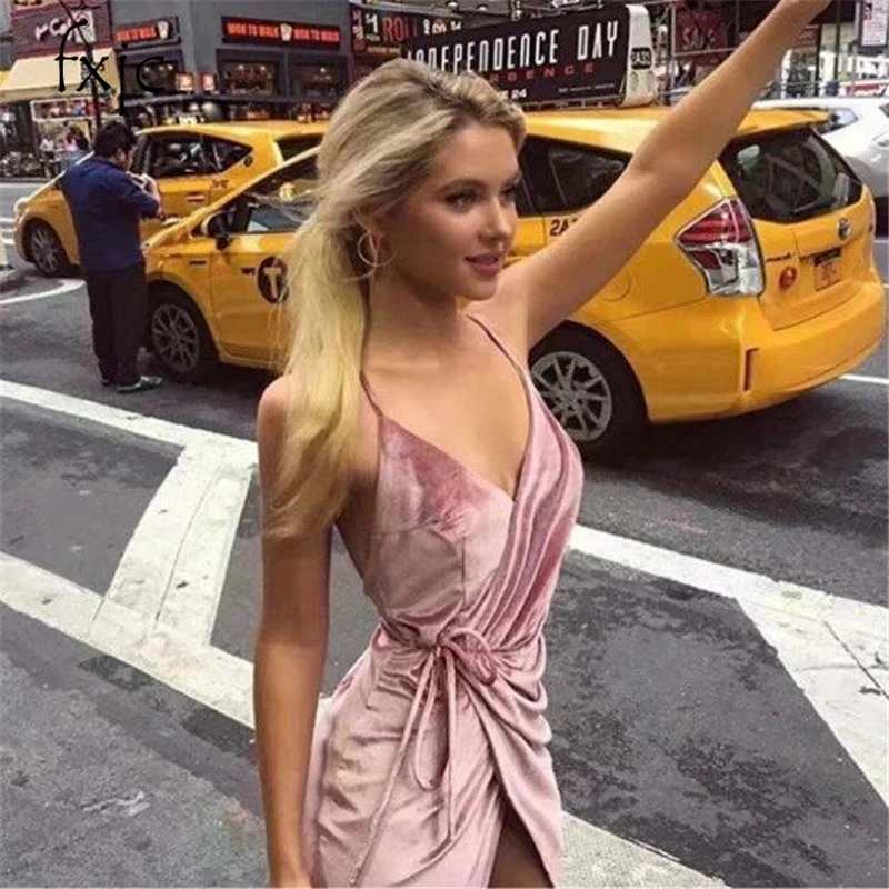 

2018 summer sexy V-neck dress burst milk hanging velvet women taste open fork tied with thin ZR145
