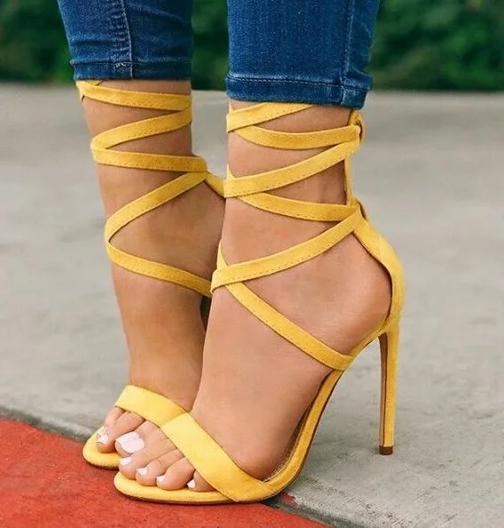 

New Arrivals Yellow Suede Stiletto Heels Sandals Cut-out Gladiator Sandals Shoes Lace-up Cross Strappy Banquet Shoes Big Size