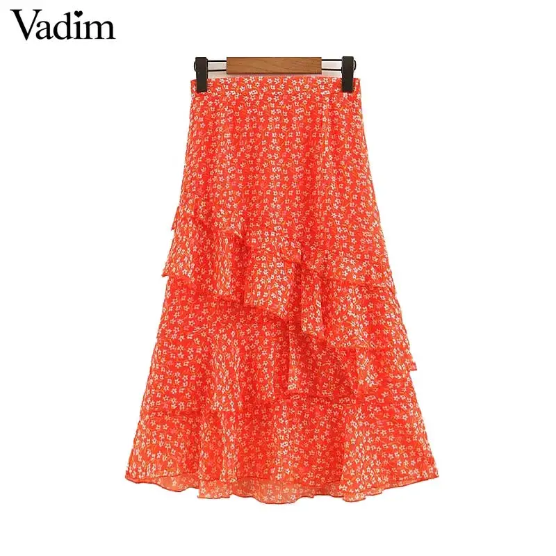 

Vadim women sweet floral print midi skirt ruffles patchwork side zipper fly female casual mid calf skirts BA536