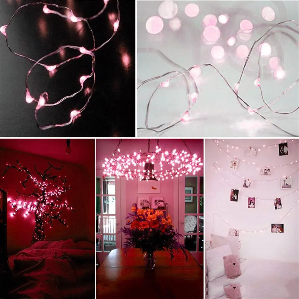 

5pcs Pink Light 10M 100LED 3AA Battery Silver Wire String Light With 8 Function Remote Control