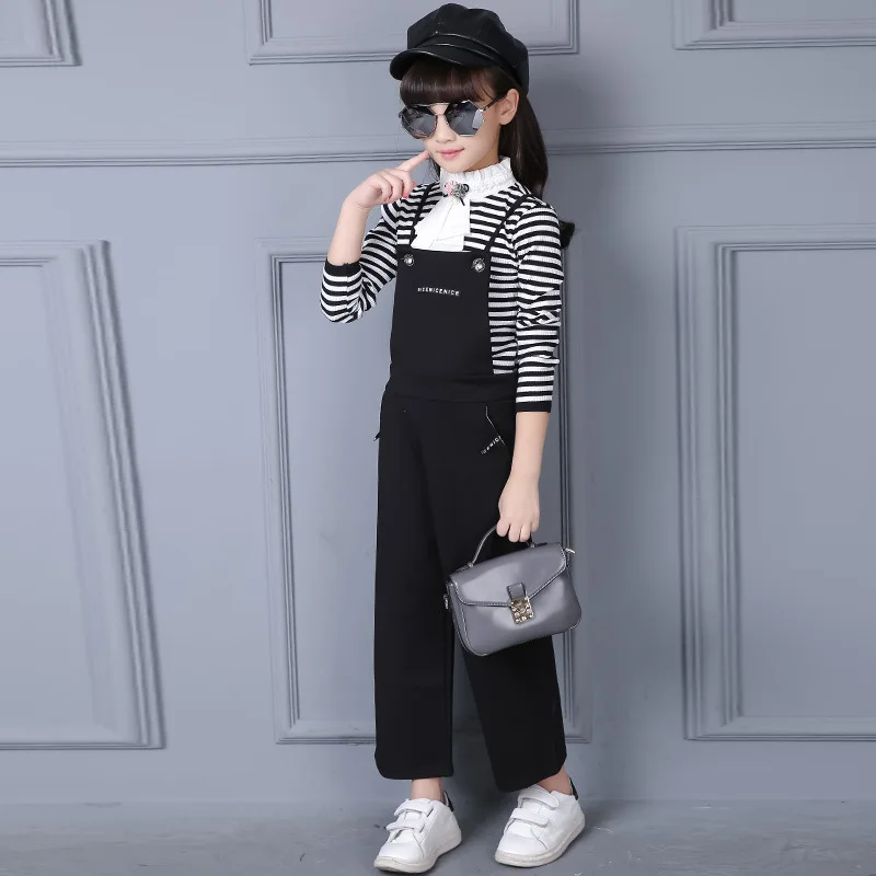 

The New 2016 Clothing Sets Sweet Wide-legged Set Children Girls Fall Stripe Straps Set Of Children's Clothes Size 4-14