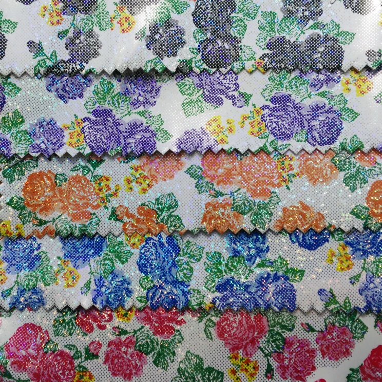 91X137CM Synthetic Leather Faux Fabric Printed Rose Flowes Glitter Flowers Patent Changing Silver fabric sewing | Дом и сад
