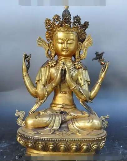 

S5427 18"tibet buddhism fane bronze gilt Joss 4 Arms Chenrezig Kwan-Yin buddha statue