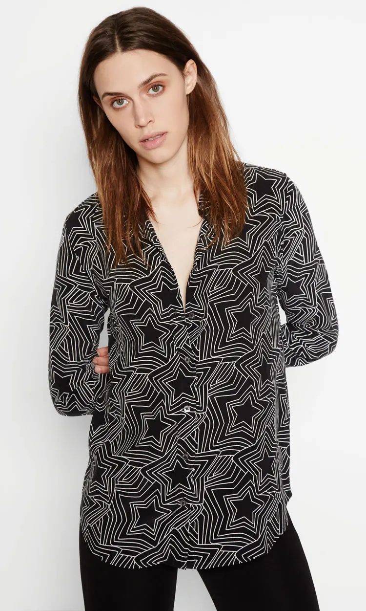 

EQ 100% silk black five-pointed star long sleeve lady blouses women kate moss signature soie shirt spring autumn