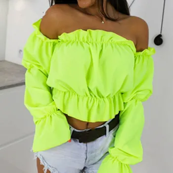 Di Colore della caramella Spalle Crop Magliette E Camicette delle donne di Estate del puntino di stampa del manicotto della lanterna shirt Lady Sexy Slash neck beach camicetta 1