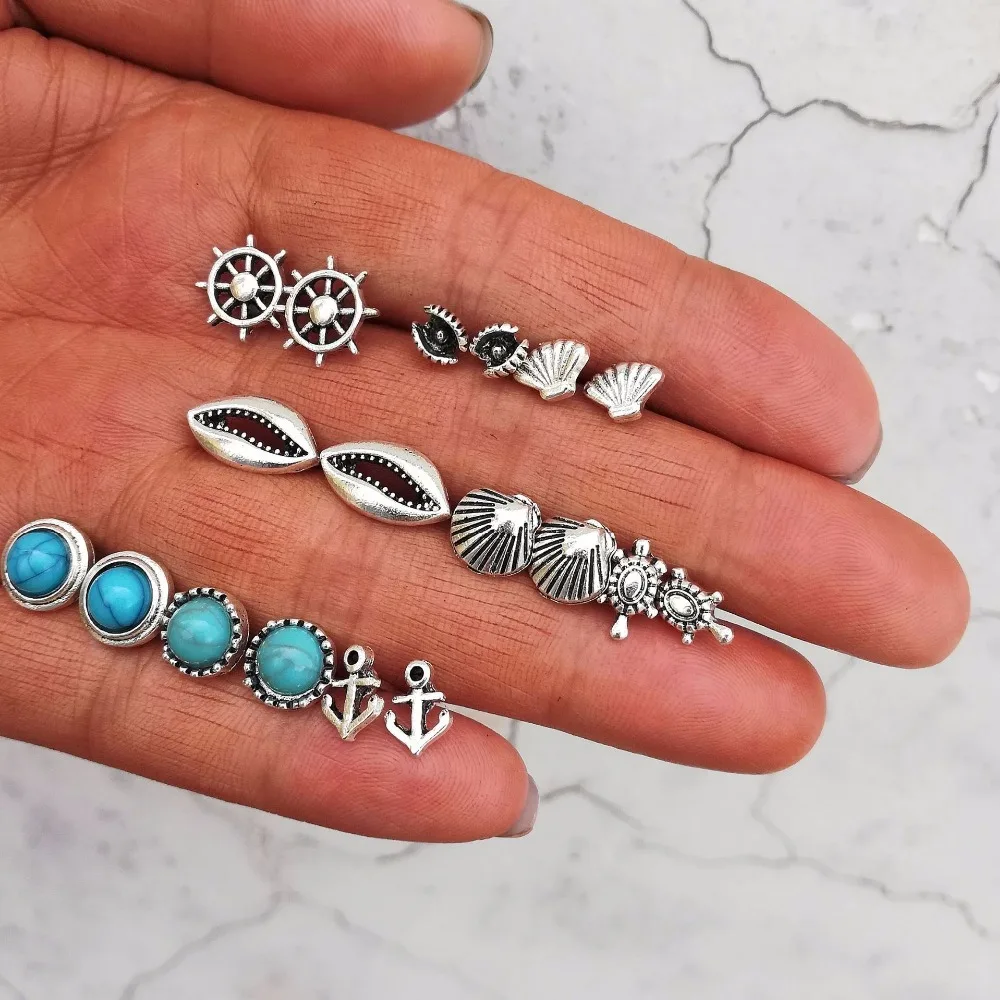 

9 Pairs/Set Beach Sea Boho Holiday Shell Turtle Anchor Small Stud Earrings Set For Women Punk Geometric Stone Earring Jewelry