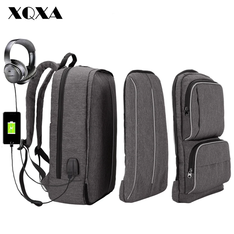 

XQXA Backpack Men 17 Inch Laptop Backpack School Bag for Teenagers USB with Headphone Charge Travel Mochila Large Capacity Gray