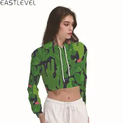 2018 Одежда для девочек кактус 3D толстовки и свитшоты с рисунком для женщин показывая пупка с капюшоном укороченный Топы корректирующие