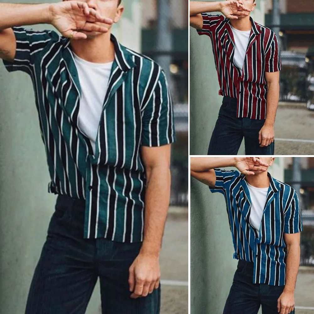 Men Fashion Shirts Casual Multicolor Striped Lapel Shirts Short-Sleeve Top Blouse Men Shirt Summer
