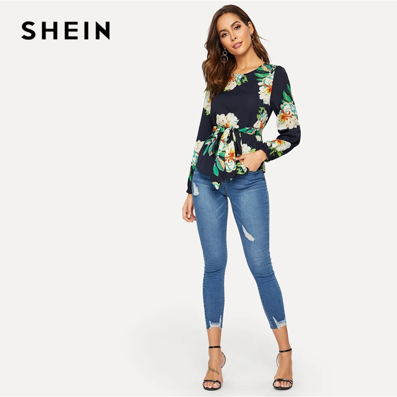 SHEIN белая блузка с цветочным принтом и поясом, пышные плечи, длинный рукав, круглый вырез, женская блуза, повседневная, весна, топы и блузки