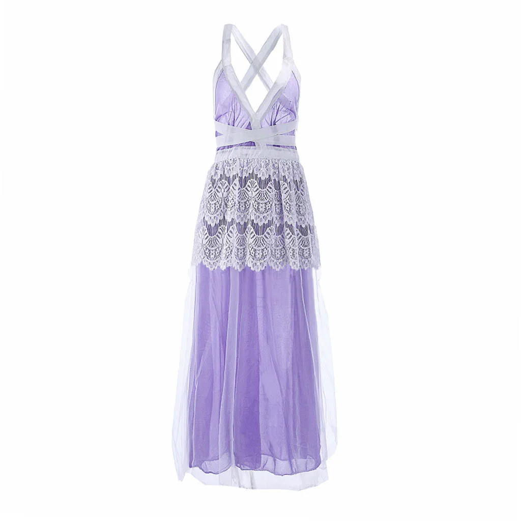 Feitong Сексуальная кружевная Женская одежда с глубоким v-образным вырезом без рукавов фиолетовое платье с глубоким вырезом на спине, для выпускного вечера вечерние длинные платья Vestidos - Цвет: Purple