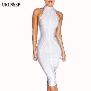 

2019 Elegant Women Dress Sleeveless High Neck Sexy Bodycon Bandage Dress Chic Vestidos Striped Celebrity Party Dress