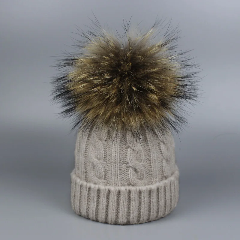 Hat Beige Детский вязаный шарф и шапка, комплект, Роскошные зимние теплые шапки, шарфы, настоящая меховая шапка с вязаным помпоном для мальчиков и девочек 0-5 лет - Цвет: Hat Beige