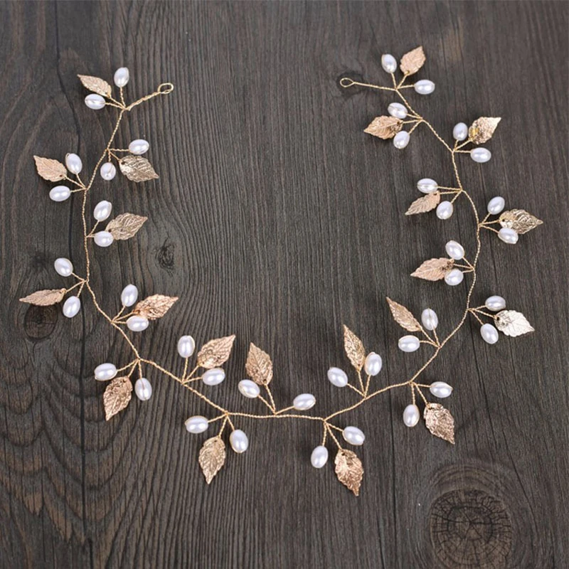 

Simple Gold Leaf Wedding Hairpiece Pearl Bridal Headband Women Head Piece For Bride Hair Accessories Jewelry