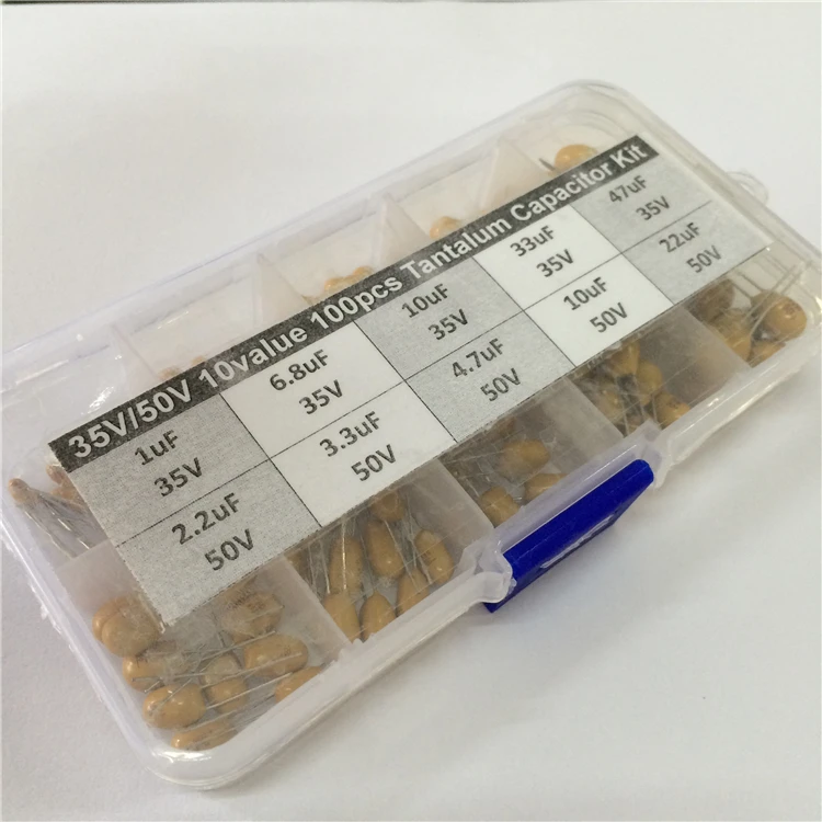

10values 100pcs 35V/50V 1uF 2.2uF 3.3uF 4.7uF 6.8uF 10uF 22uF 33uF 47uF tantalum capacitor assorted kit with storage box