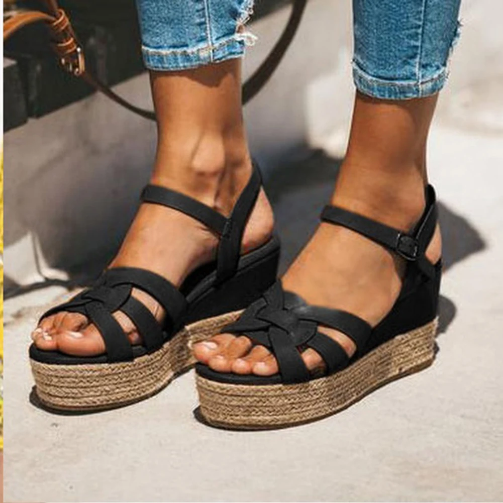 

black Women Wedges Sandals Shoes Lady Summer PU Leather High Heels Sandals Platform Sandals Plus Size 2019 Chaussures Femme