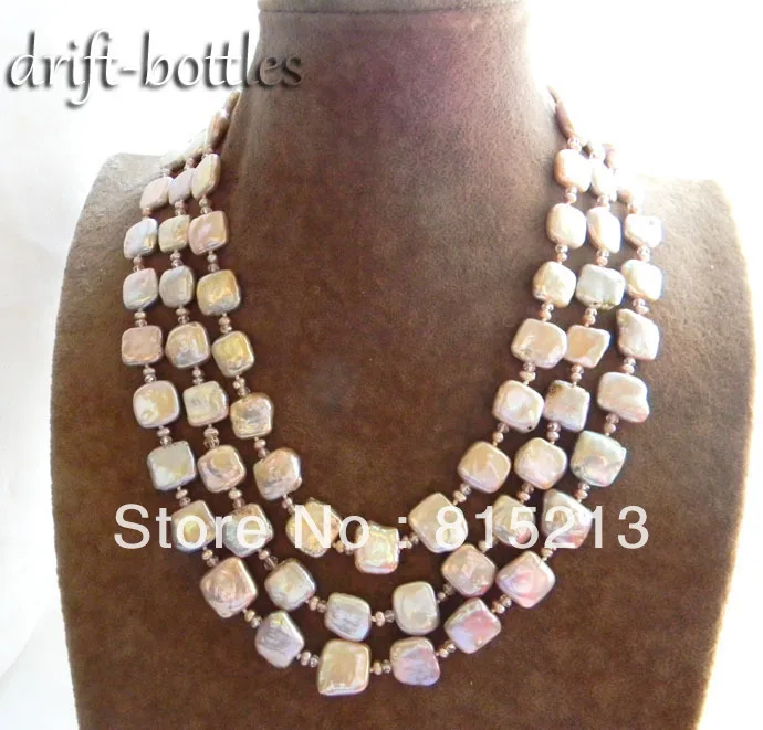 

ddh001589 3Strands 18'' 14mmx13mm Lavender Square Freshwater Pearl Crystal Necklace 28% Discount (A0430)