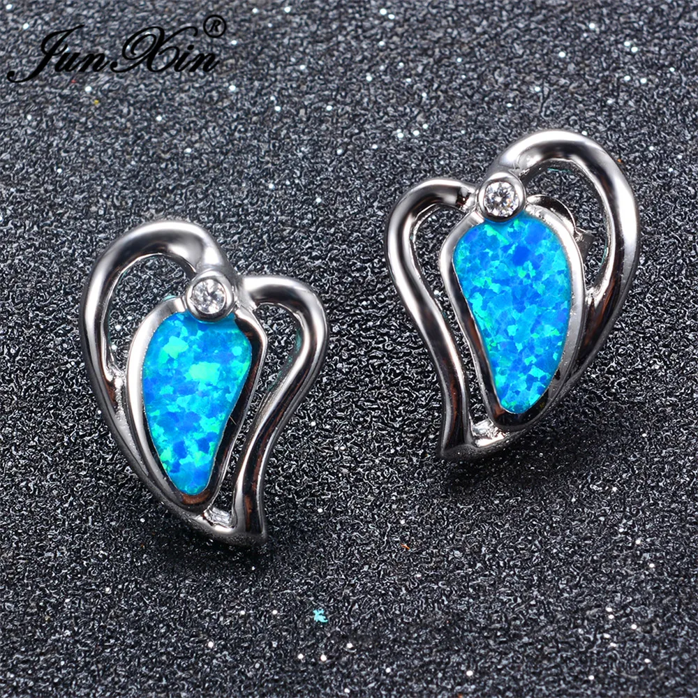 JUNXIN Female Blue Fire Opal Heart Stud Earring With AAA Zircon 925 