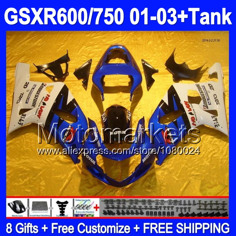 Синий белый + бак для SUZUKI GSXR600 2001 2002 2003 сине-черные K1 3 # 161 GSXR750 GSXR 600 750 GSX R600 R750 01 02 03