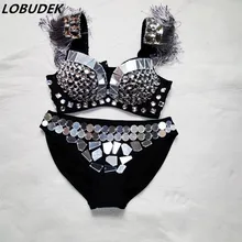 Блестящие Стеклянные алмазные кристаллы бикини бар DJ для женщин певица сценический костюм Bling стразы бюстгальтер с бахромой для танцев на шесте