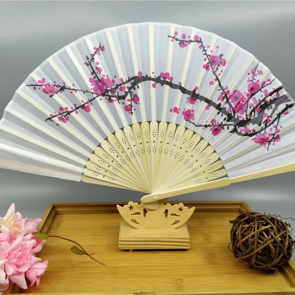 

New arrival 1 Pcs 21cm Folding Fan Delicate Rose Peach Flower Plum Blossom Japanese Plum Blossom Design Silk Costume Party