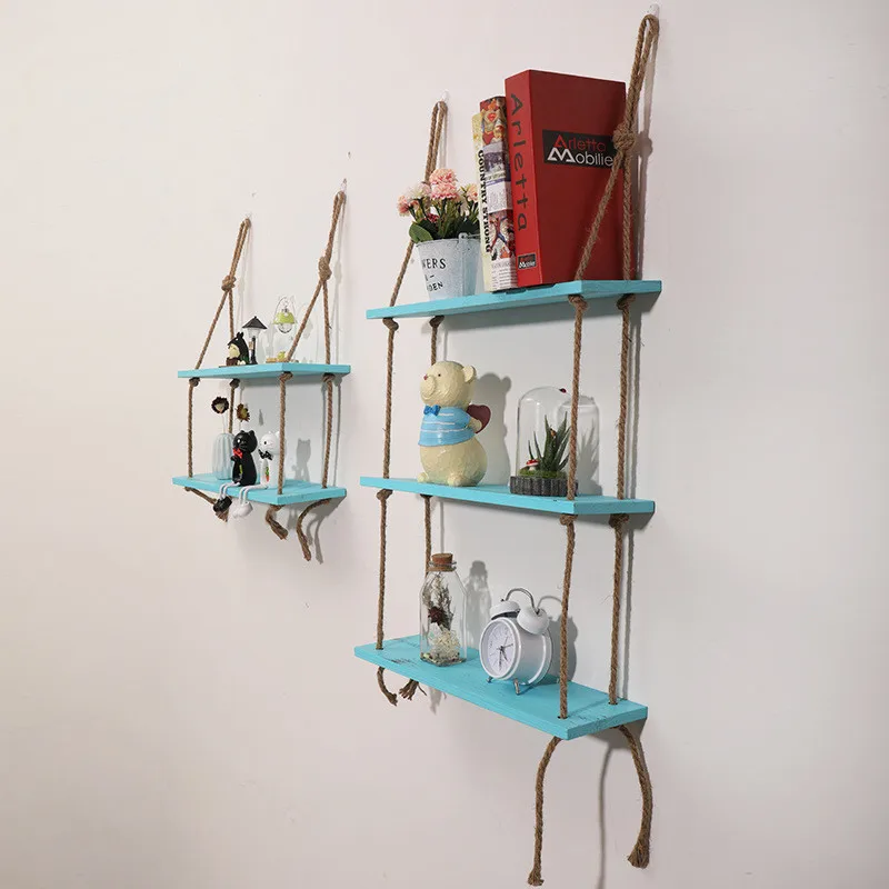 

Wooden Wall Mounted Shelf Linen Rope Storage Holders Living Room Bar Decoration Shelf Nordic Hanging Non-perforated Books Racks