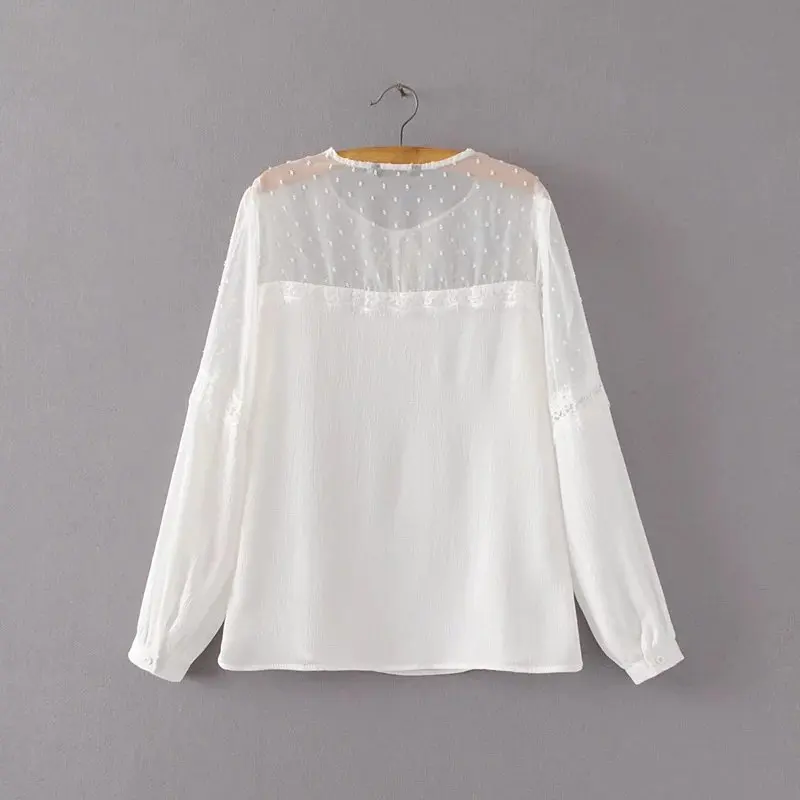 2017 Женская Весенняя черная рубашка с длинными рукавами кружевные топы круглым