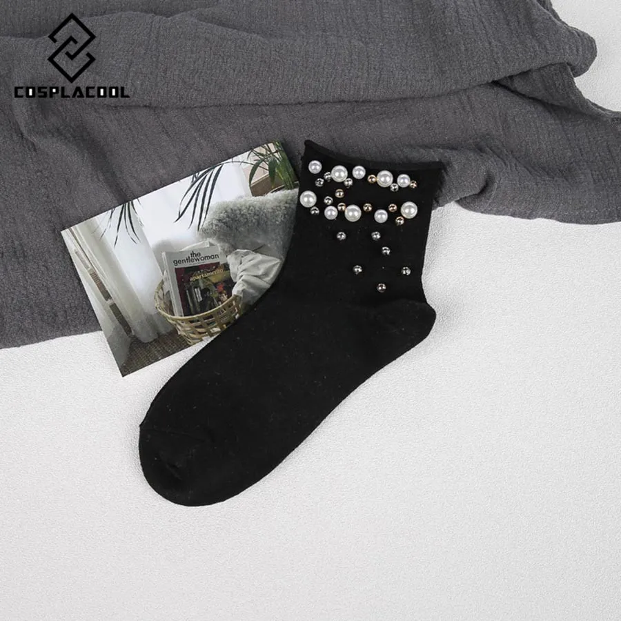 [COSPLACOOL] Новые милые модные хлопковые забавные женские носки ручной работы с жемчугом золотого и серебряного цвета короткие носки для девочек, Harajuku Calcetines Mujer