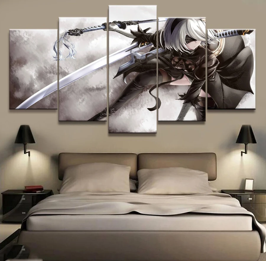

5 Panel NieR:Automata 2B Game Canvas Printed Painting For Living Room Wall Art Home Decor HD Picture Artworks Modern Poster
