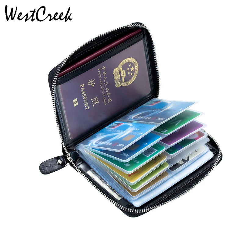 

WESTCREEK Brand Anti theft RFID Blocking Card Credit Wallets Purse Genuine Leather ID Holders Passport Bag by 40 PVC Cards Slots